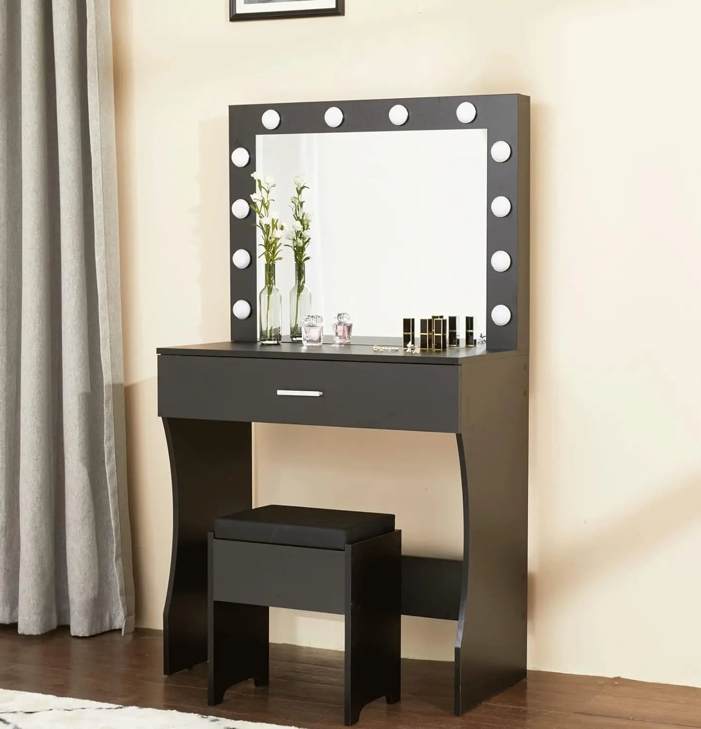 Mirrored Vanity Table with 12 LED Lights and Charging Station