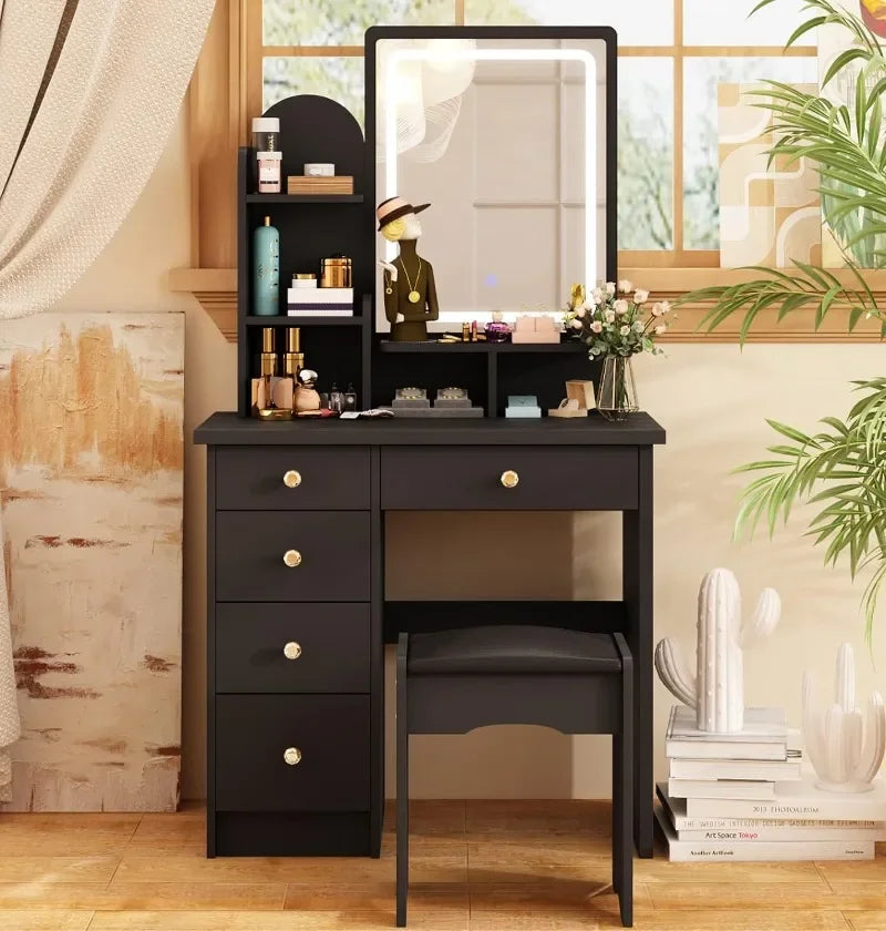 Wood Makeup Vanity Desk with LED Lighted Mirror and Storage Drawers