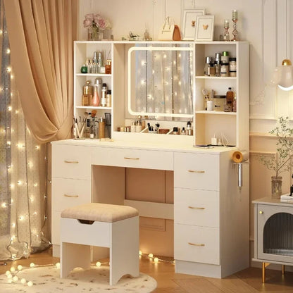 LED Vanity Desk with Stool, Charging Station, and 7 Drawers - LP Replenish