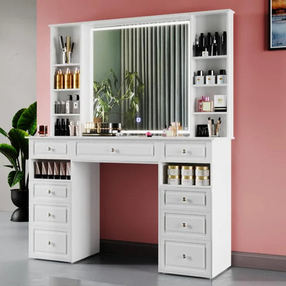 Large Vanity Desk with Lighted Mirror and 9 Drawers, Built-In Wireless Charger and Mini Fridge - LP Replenish