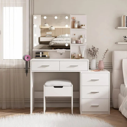 Vanity Desk with Mirror, Lights, and Integrated Nightstand - LP Replenish