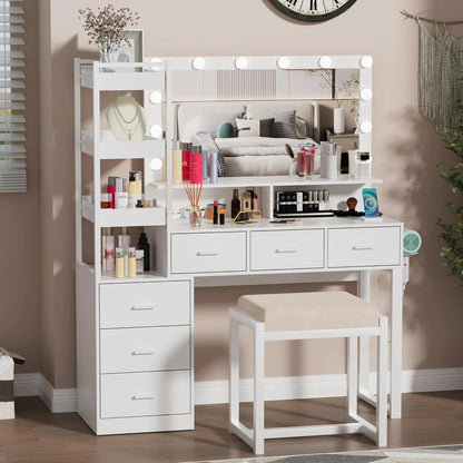 Vanity Makeup Desk Set with LED Lighted Hollywood Mirror, Power Outlet, and Extensive Storage