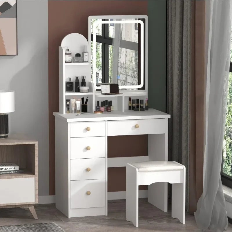 Wood Makeup Vanity Desk with LED Lighted Mirror and Storage Drawers