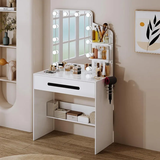 Modern Vanity Desk with Lighted LED Mirror and Comprehensive Storage Features