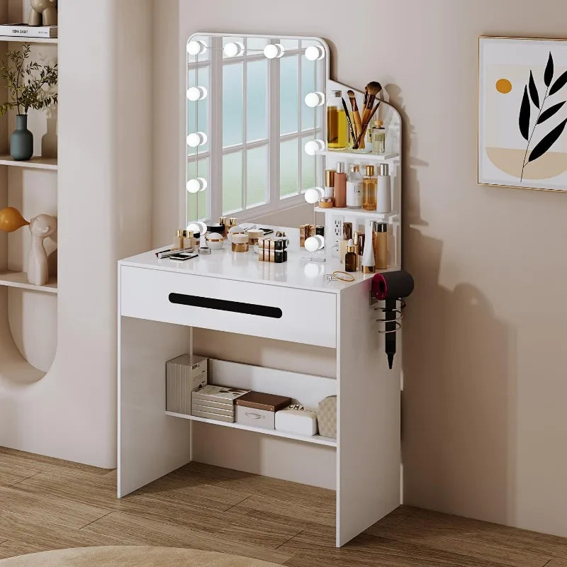 Modern Vanity Desk with Lighted LED Mirror and Comprehensive Storage Features