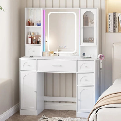 Vanity Desk with Integrated LED RGB Makeup Mirror and Power Strip