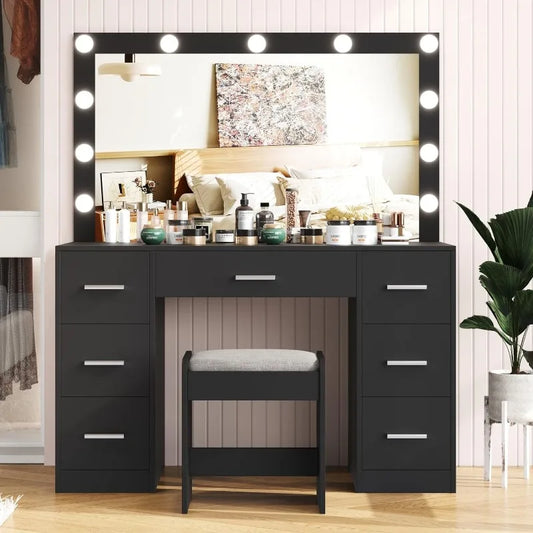 Vanity Desk with Drawers Lighted Hollywood Makeup Mirror and Stool