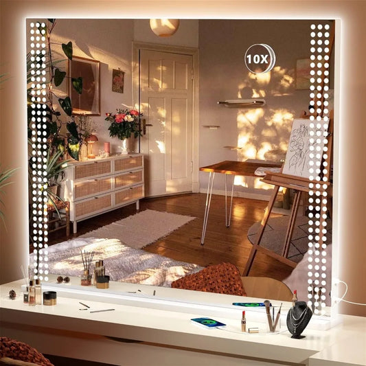 Vanity Mirror with Dotted LED Lights, Bluetooth Speaker, and USB Charging