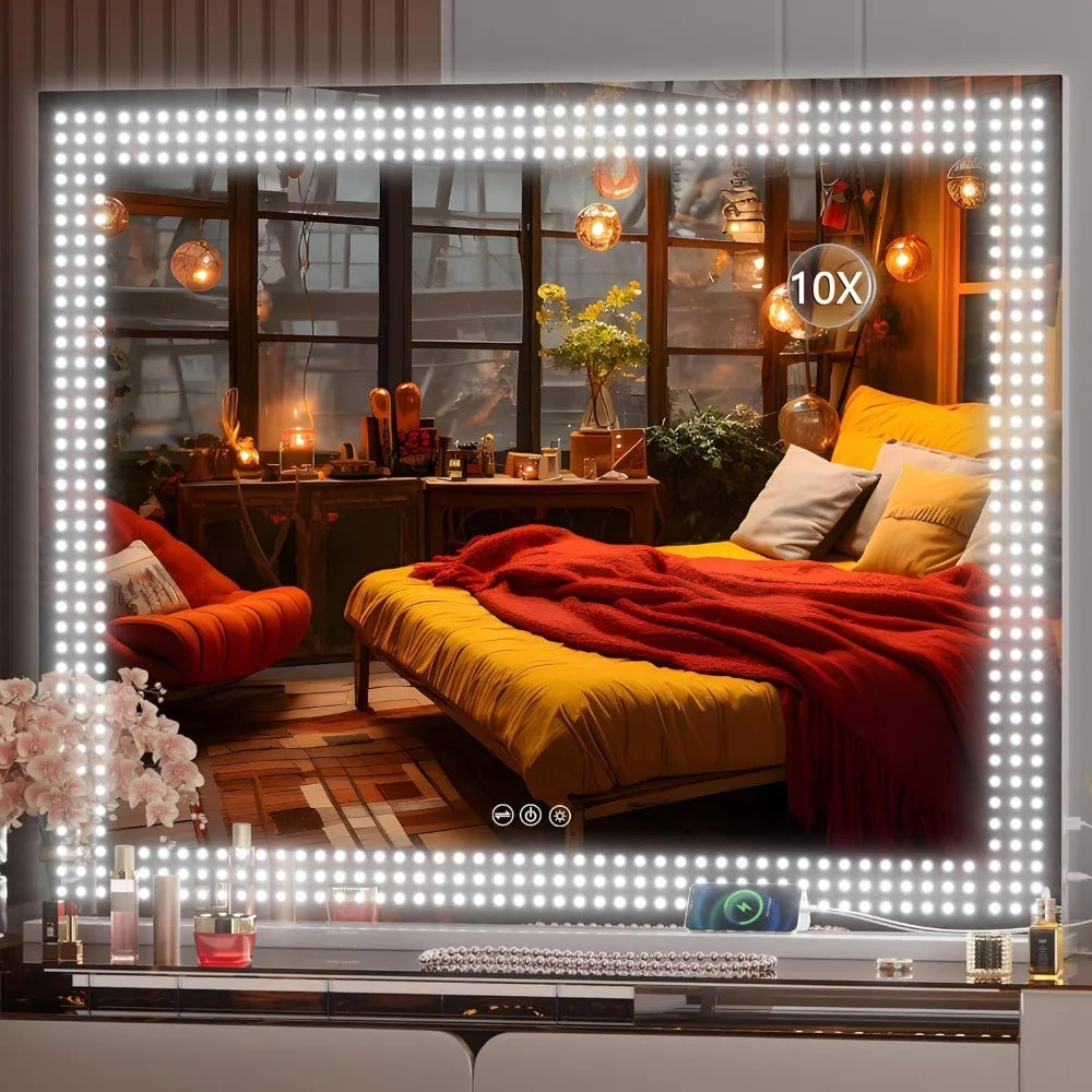 Vanity Mirror with Dotted LED Lights, Bluetooth Speaker, and USB Charging