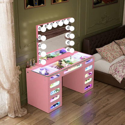VanitiSet Vivid | RGB LED Vanity Desk with 11 Drawers, Glass Top
